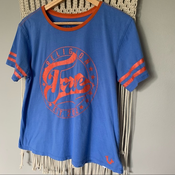 True Religion Graphic Logo Striped Sleeve T-Shirt - Picture 2 of 12